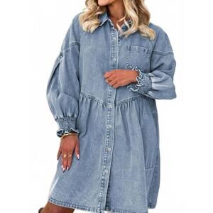 NEW LOVESOFT smocked cuffs flared denim shirt mini dress in beau blue